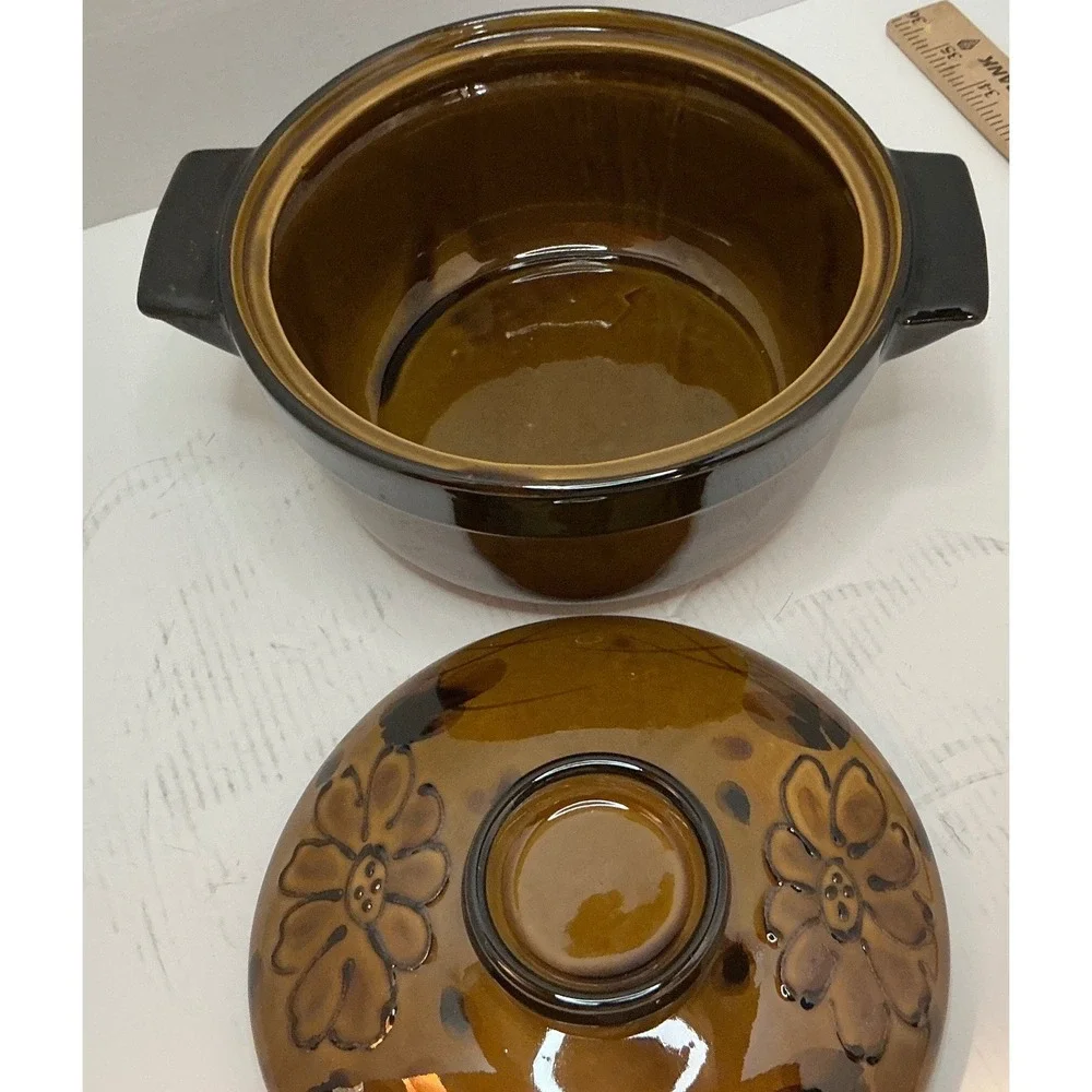 Vintage Ceramic Casserole Bean Pot with Lid Brown Floral Oven Proof Stoneware